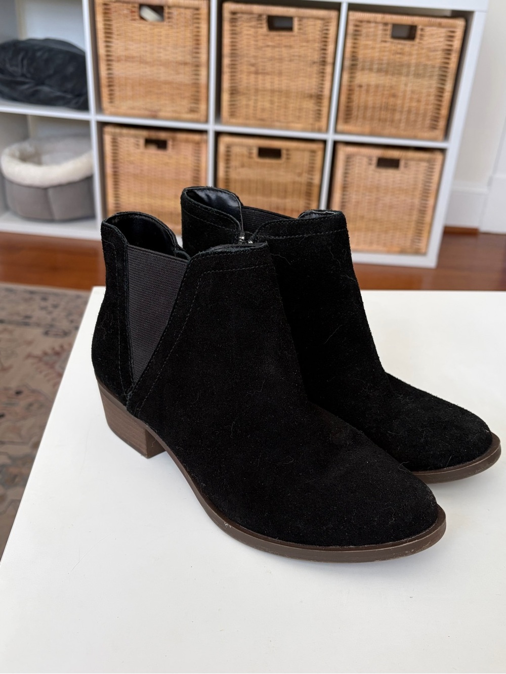 Kensie Black Suede Ankle Booties with Low Stacked Heel